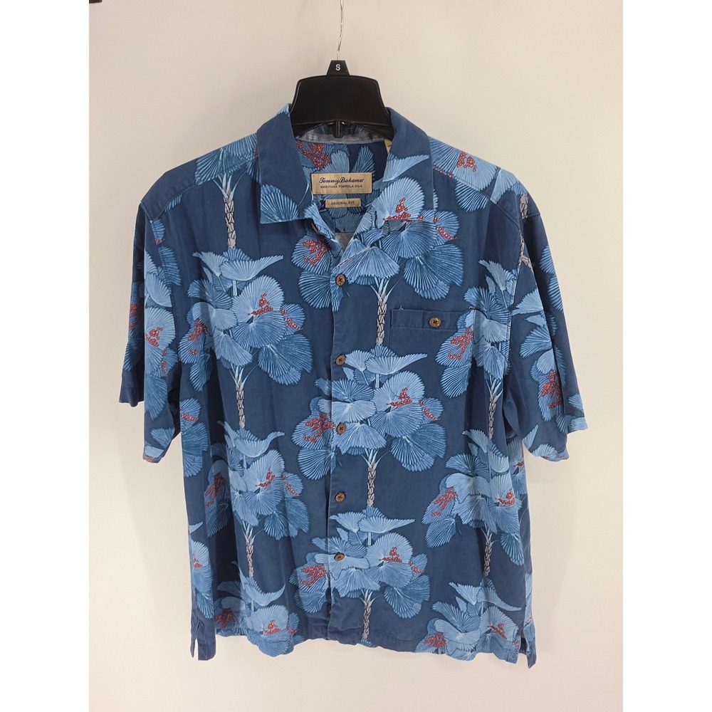 Tommy Bahama Heritage Tortola Silk Blue Tropical Palm Tree Shirt Mens Large